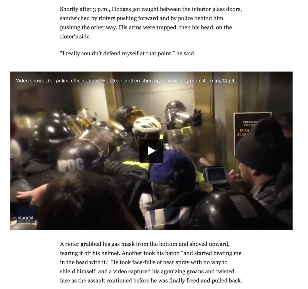 ERRATA: The police officer in the doorjamb was Daniel HODGES, who apparently was sprayed with bear repellent. This is who Trump *loves* in case you forgot.