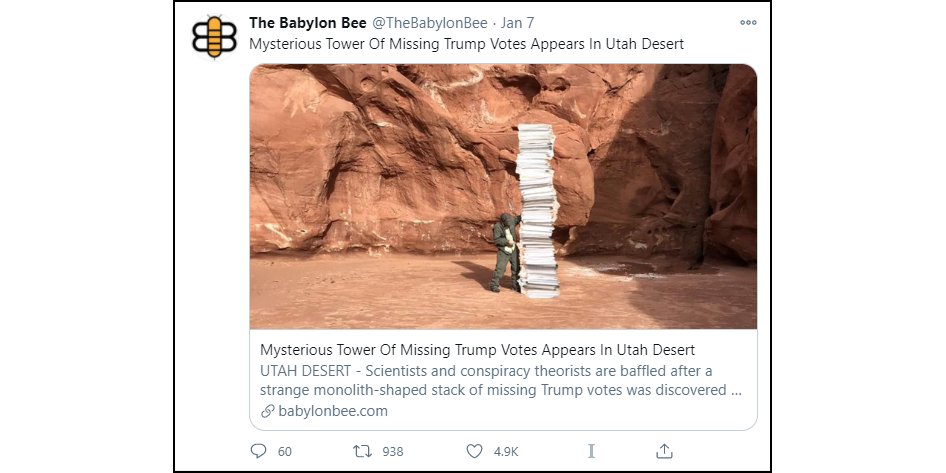 @daveyalba @ParkerMolloy I'm interested in this phenomenon as well: Satire that relies on the uncritical presentation of a falsehood to function. The Babylon Bee does this on a regular basis -- for example: https://t.co/EAqCh8ygsD