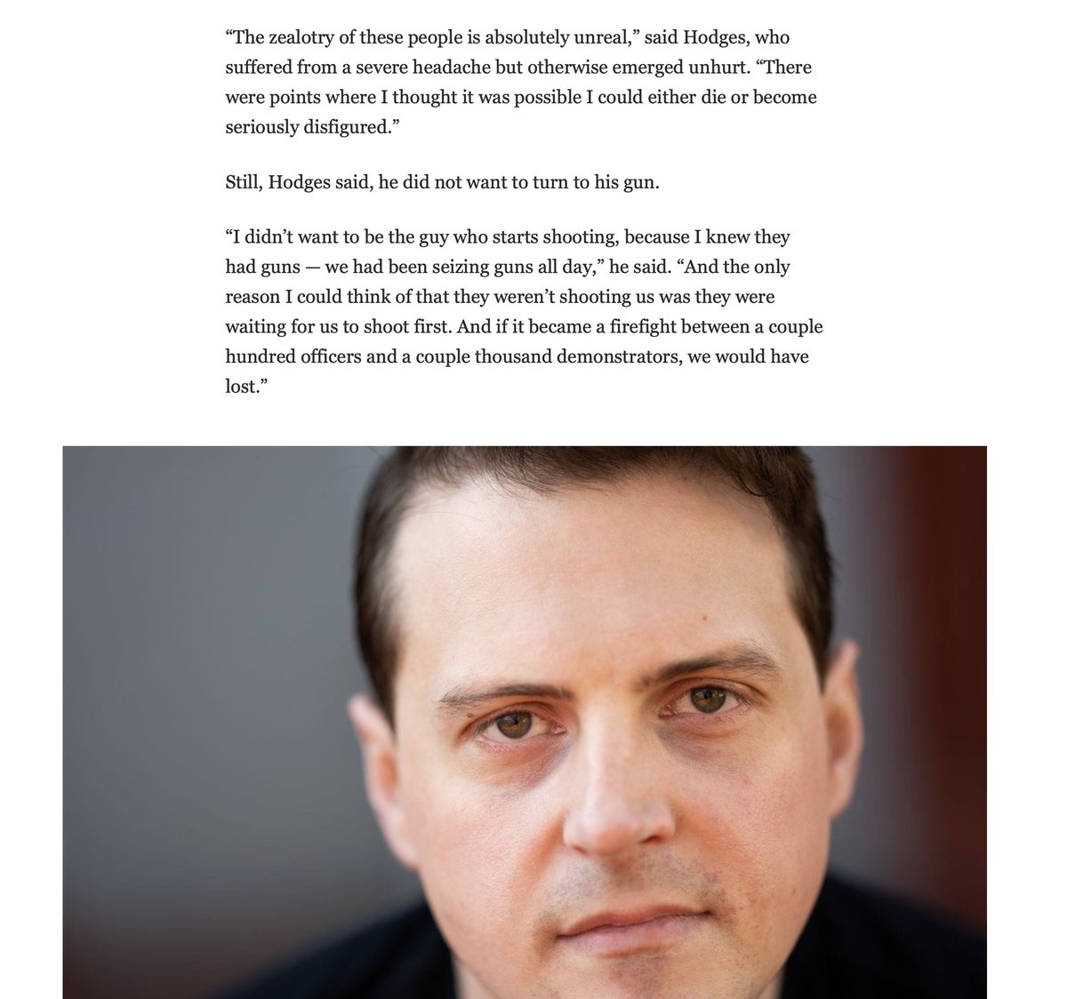 The heroic officer Hodges eschewed his gun precisely BECAUSE he knew these people wanted an even more deadly scene. This heightens the heroism, the self-sacrifice considerably.
