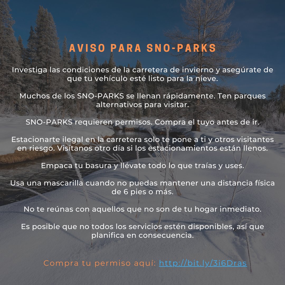 CAStateParks's tweet photo. ¿Vas a ir a un SNO-PARK local este fin de semana? Asegúrate de planificar con anticipación. Se requieren permisos para recrear en #SNOPARKS. Compra el tuyo en https://t.co/NuvqMzAt9v. Visítanos otro día si los estacionamientos están llenos. Mas consejos: https://t.co/k22ozLl7Nv
