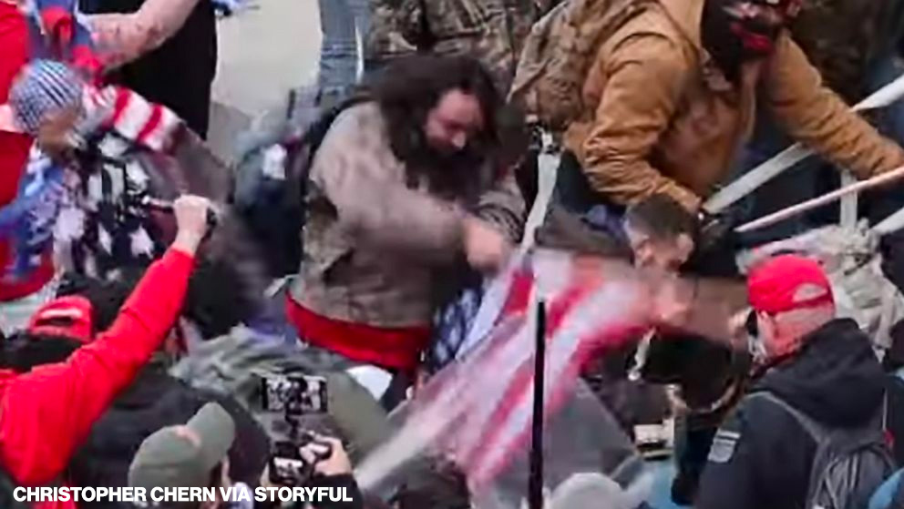 LATEST: Man seen in viral video beating a police officer with flagpole has been charged, DOJ says. abcn.ws/3nLK6s2