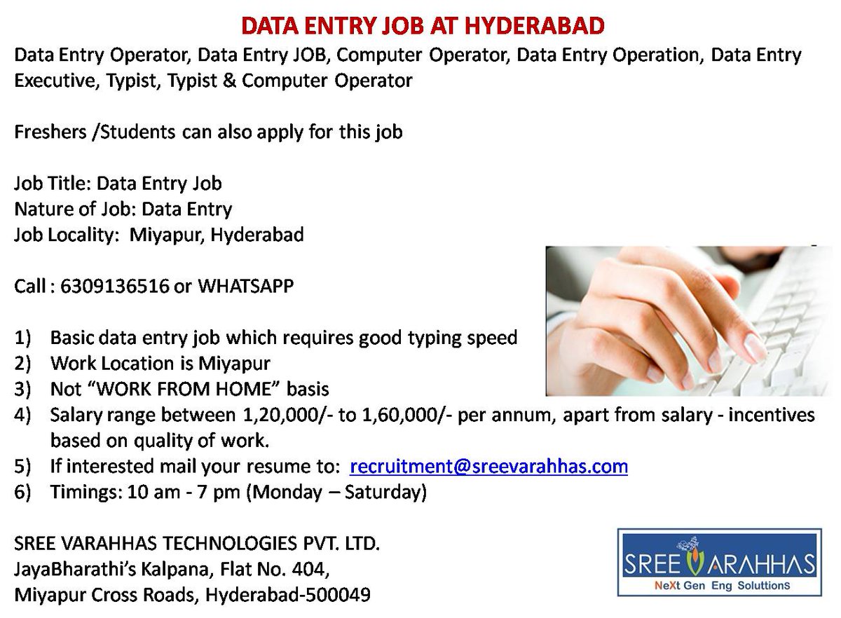 SreeVarahhas's tweet photo. @SreeVarahhas is hiring #DataEntryOperators..
Send your CV/Resume to: recruitment@sreevarahhas.com
#Jobs #Hyderabadjobs #JobsHyderabad #dataentry #dataentryjob #dataentryoperator #dataentryexecutive #hiring #jobvacancy #jobseekers #Jobhiring #jobalerts #jobhelpgroup #recruitment https://t.co/dKFDIdVmFD
