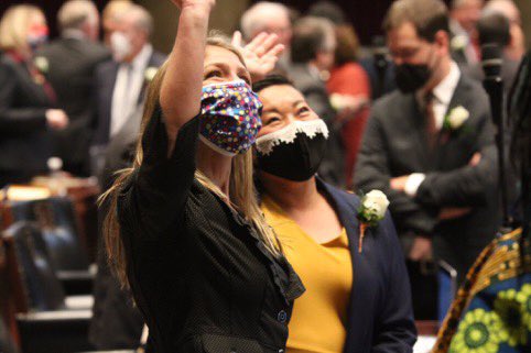 This election cycle, over 100  @MomsDemand volunteer leaders and gun violence survivors ran for elected office and 43 won seats – from town council and school board to U.S. Congress. Here are just a few of their swearing-in photos. We’re so proud of you!!!
