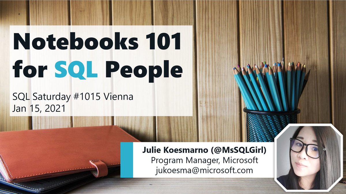 MsSQLGirl's tweet image. I'll be speaking on #Notebooks 101 for #SQLPeople at @sqlsatvienna on Jan 15 at 10am ET / 4pm CET.
Join here: aka.ms/SQLSatVienna-R…
Demo with #SQLServer, @AzureDataStudio, #PowerShell #AzureSQL & #JupyterNotebooks
Check out the full schedule here: sqlsaturday.com/1015/Sessions/…