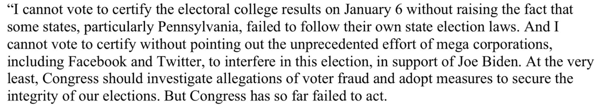 But Joshua Hawley? He literally says he's objecting because (i) Pennsylvania didn't follow its own laws--but as a US Senator from Missouri that is not in his jurisdiction. Sowing doubt. Fanning the Flames.24/