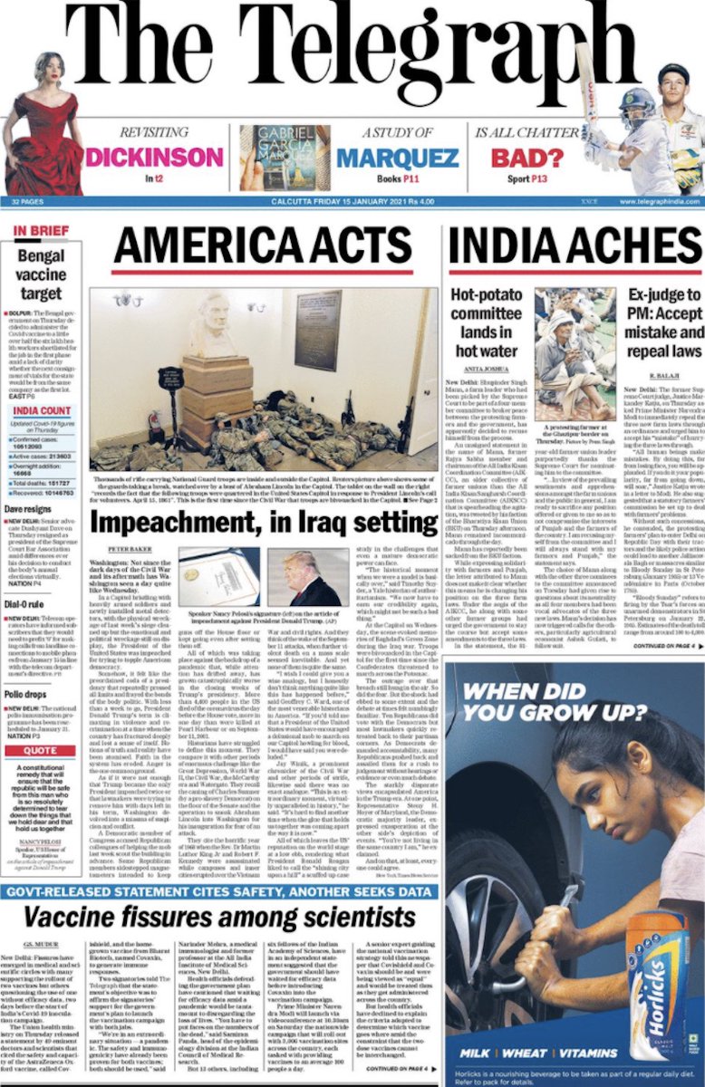ttindia's tweet photo. AMERICA ACTS: Impeachment, in Iraq setting | INDIA ACHES: Hot-potato panel in hot water; Ex-judge tells PM to accept mistake, repeal laws | Vaccine fissures among scientists | And more...
#TheTelegraphFrontPage
Read the stories at https://t.co/UnH37DawM4 https://t.co/HLyItY49of