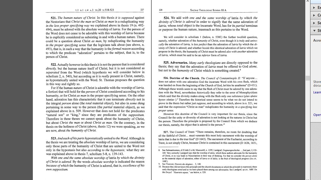 On the topic of the devotion to the Sacred Heart [thread]:**Thesis 20. The human nature of Christ and each of his parts hypostatically united to the Word must be adored with one and the same absolute worship of latria by which the divinity of Christ is adored.**