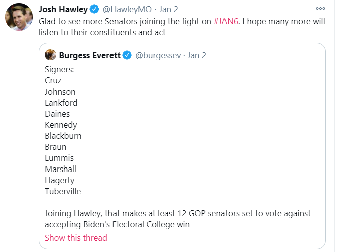 January 2nd--When he recruits more soldiers to his cause, he's "glad" to have "more Senators joining the fight" on January 6th.And the tweet he is retweeting *actually says* that these votes are in opposition to Biden's electoral victory.Sowing doubt. Fanning the flames.27/