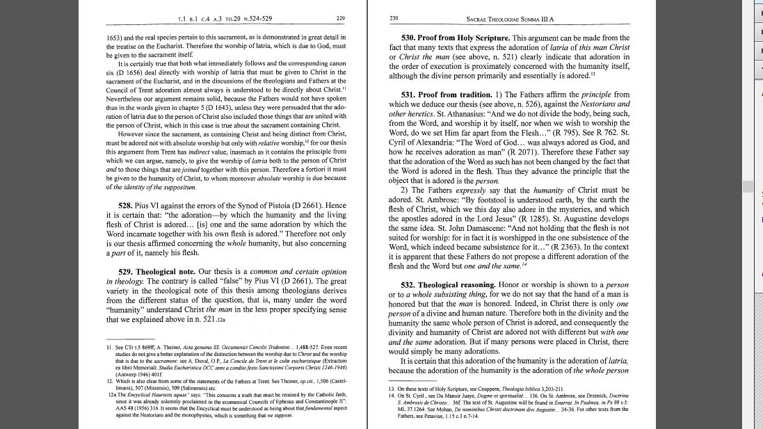 On the topic of the devotion to the Sacred Heart [thread]:**Thesis 20. The human nature of Christ and each of his parts hypostatically united to the Word must be adored with one and the same absolute worship of latria by which the divinity of Christ is adored.**