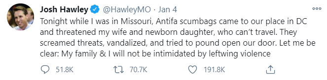 January 4th--Later that evening a non-violent protest takes place outside of Hawley's home.Hawley lies about the protest, saying people tried to pound open his door, vandalized his home, and threatened his family---none of this happened.Sowing doubt. Fanning the flames.30/