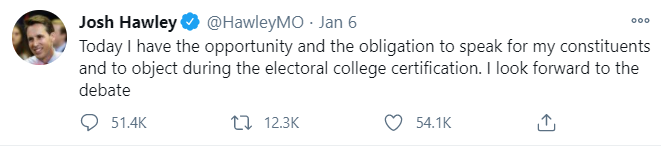 January 6th--Prior to the terror attack, Hawley continues his charade of being the people's champion for election integrity. He's looking forward to having his moment in the sun. Sowing doubt. Fanning the flames.31/