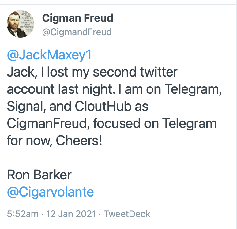 spooney35's tweet photo. @Communist_Dog @cspanwj #CigmanFRAUD has gone underground .... #Telegram 

I'll never turn a blind eye to him. 
He can run but he can't hide LOL
@Nupe117 @LuckyCharms1961 @RockDots @IBtalking https://t.co/XUZj0UehEQ