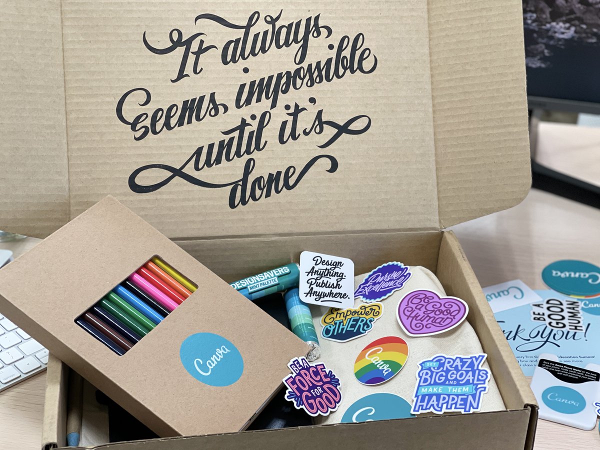 hblove03's tweet photo. Fri-yay! Thank you @Canva for the awesome swag 🤩. I love how teacher friendly @Canva is with classroom kits, collaboration features and embedding in video and music in presentations. Educators sign up for a free pro account: https://t.co/ZQcfHaka2r. #canvalove #creativeeducators https://t.co/kjIXllxAOG