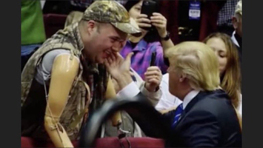 HeyBooBoo16's tweet photo. This is one of my favorite pictures of President Trump. This injured veteran couldn’t shake hands, so Trump touched his face instead. Look at the joy on that man’s face. 😢POTUS loves our Military! 🇺🇸 https://t.co/eW4aTC5t3h