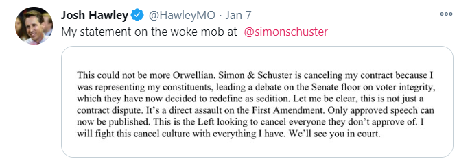 January 7th--After five people have lost their lives, Joshua Hawley finally comes forward with a statement on the terrorist attack he incited--about another kind of loss--that of his book deal. Sowing doubt. Fanning the flames.33/