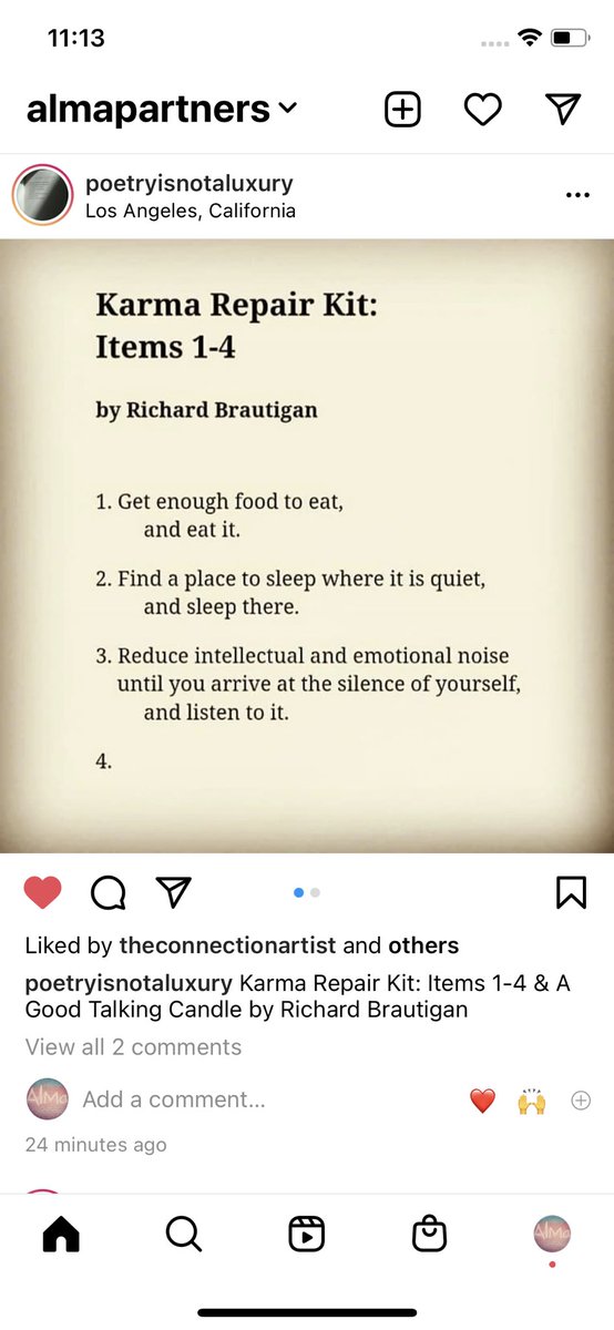 PartnersAlma's tweet image. Thank you @poetryisnotaluxury for this wisdom. #richardbrautigan #poetry #poetrycommunity #poet #karma #silence #godeep #listenmore #almapartners