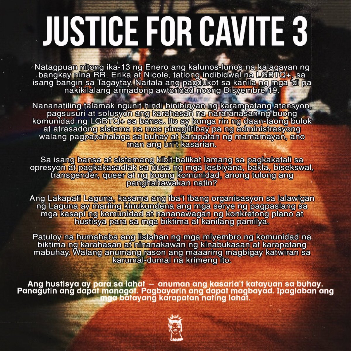 KOMUNIDAD AY DEPENSAHAN! IPAGLABAN ANG BATAYANG KARAPATAN NG MAMAMAYAN! 

Ang opisyal na pahayag ng Lakapati Laguna hinggil sa pagpaslang sa Cavite 3:

#JusticeForCavite3