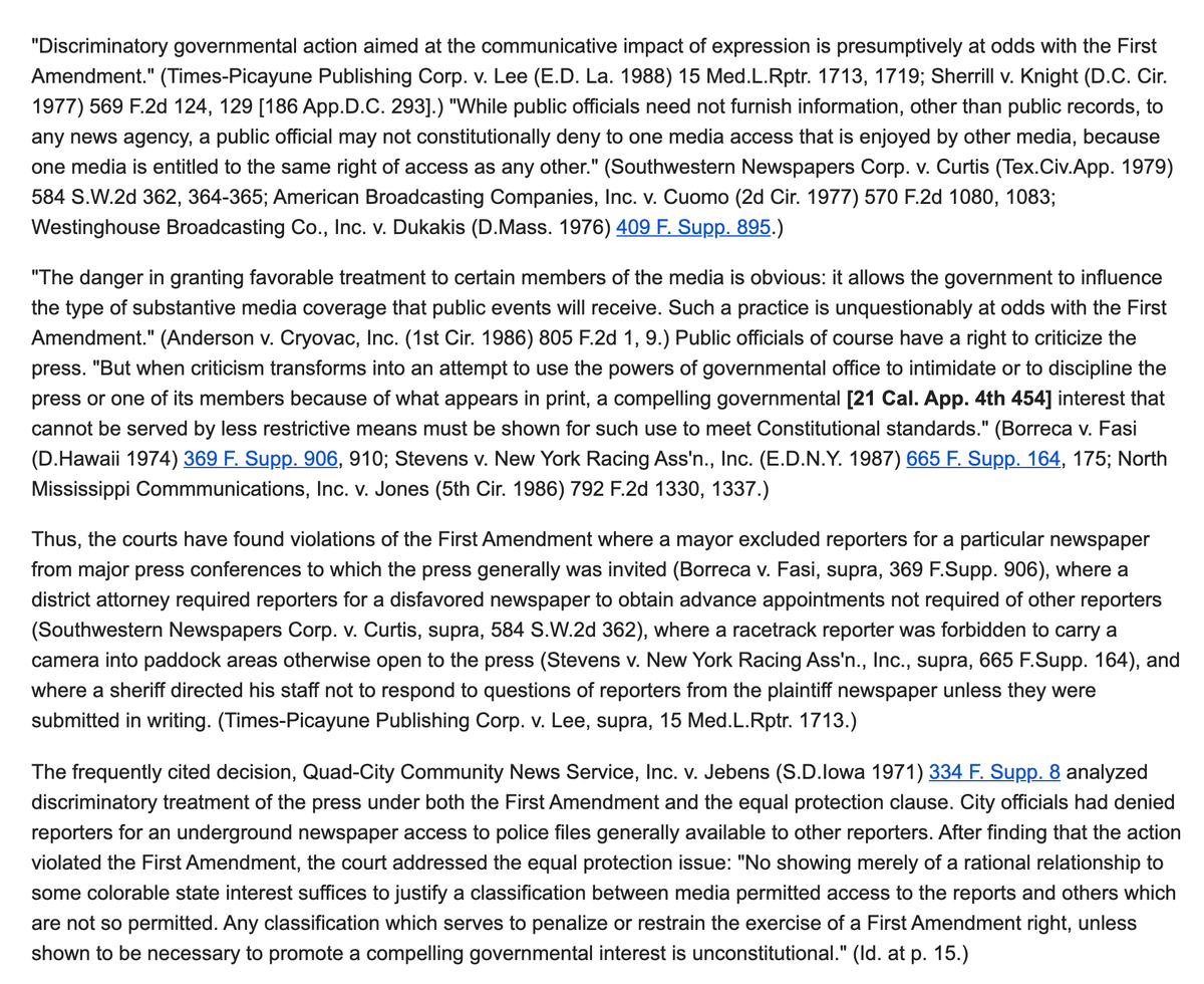 There is extensive case law prohibiting government agencies from providing preferential treatment to media under the First Amendment, including but not limited to the California appeals court decision Savage v. Pacific Gas & Electric Co.