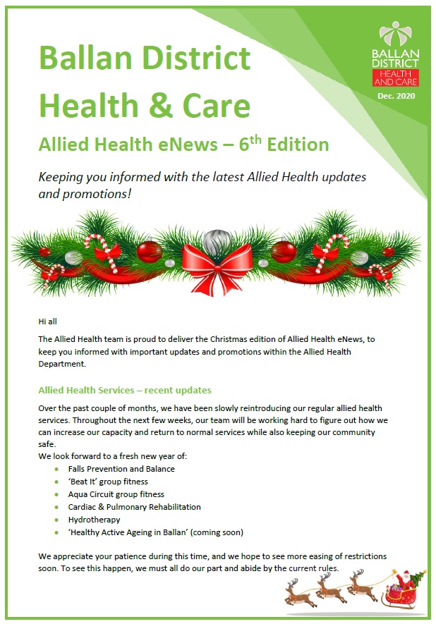Our latest Allied Health eNews is out! Topics include summer refreshments – recipes from our dietitian, summer exercise precautions, and a new program – Healthy Active Ageing in Ballan. To receive eNews, sign up via ryanw@bdhc.com.au. Or, read it here: ballanhealth.com.au/allied-healthc…