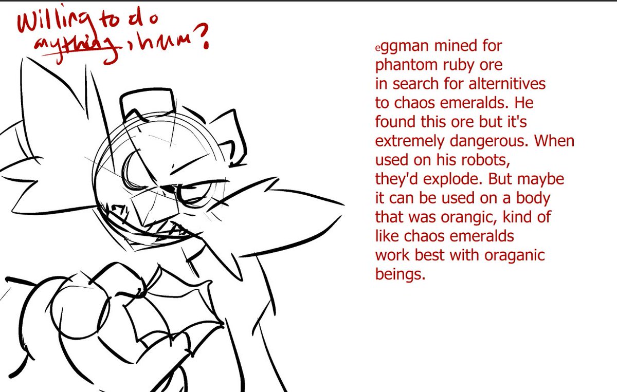-Jackal man declares revenge on Shadow 
- All of the feelings building up by this point finally reaches a boiling point. 
-He goes to eggman-- and wants to be experimented on. 
- Eggman had mined for rare phantom ruby ore
- eggman uses the jackel as a experiment
Infinite it born 