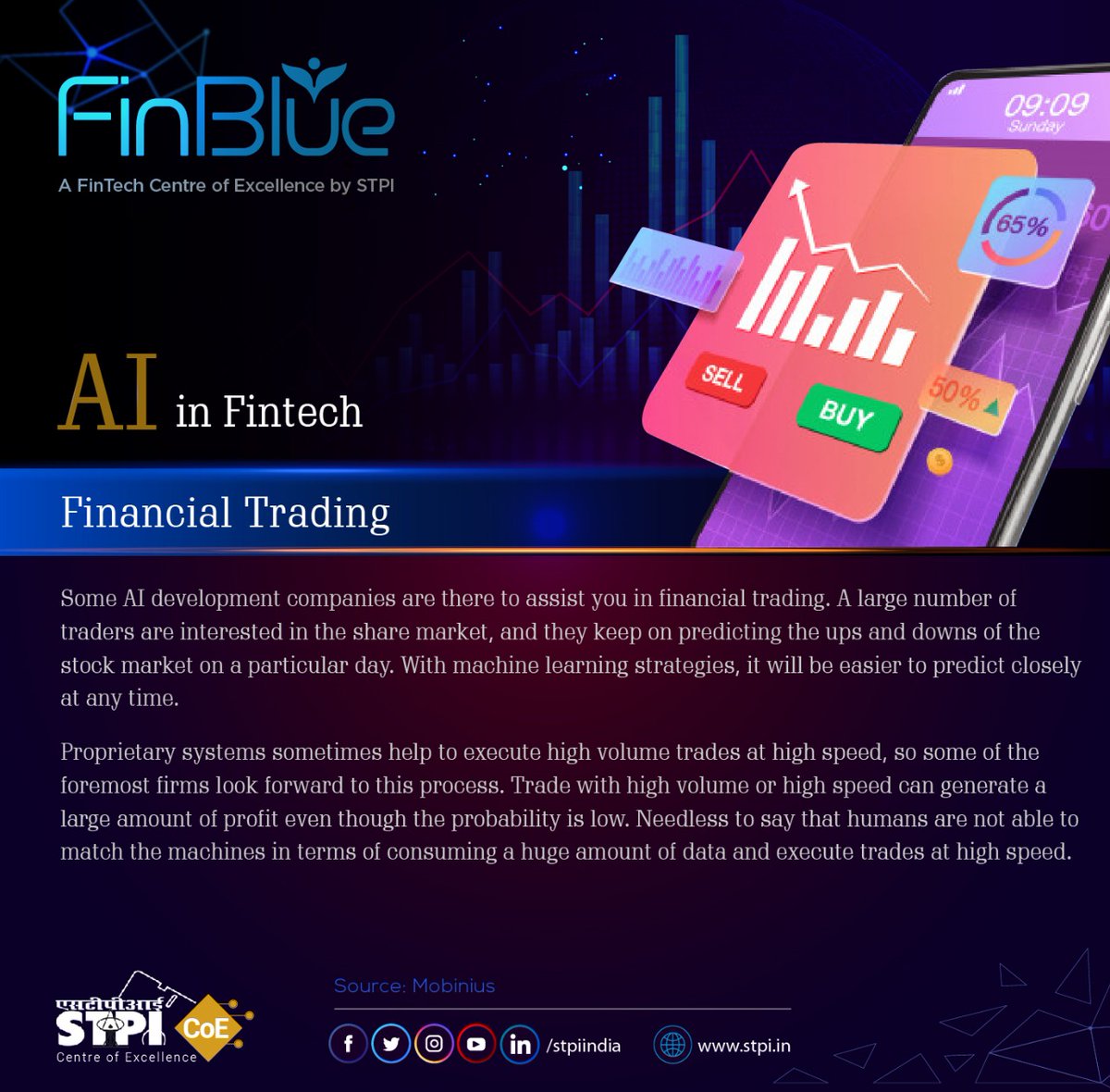 stpiindia's tweet image. #FinTech firms can leverage #AI solutions to predict variations in stock market faster and invest accordingly to become profitable. Check how #STPIFinBlue is helping #startups to build similar solutions: finblue.stpi.in #STPICoEs #STPIINDIA #STPIINCUBATION #GrowWithSTPI