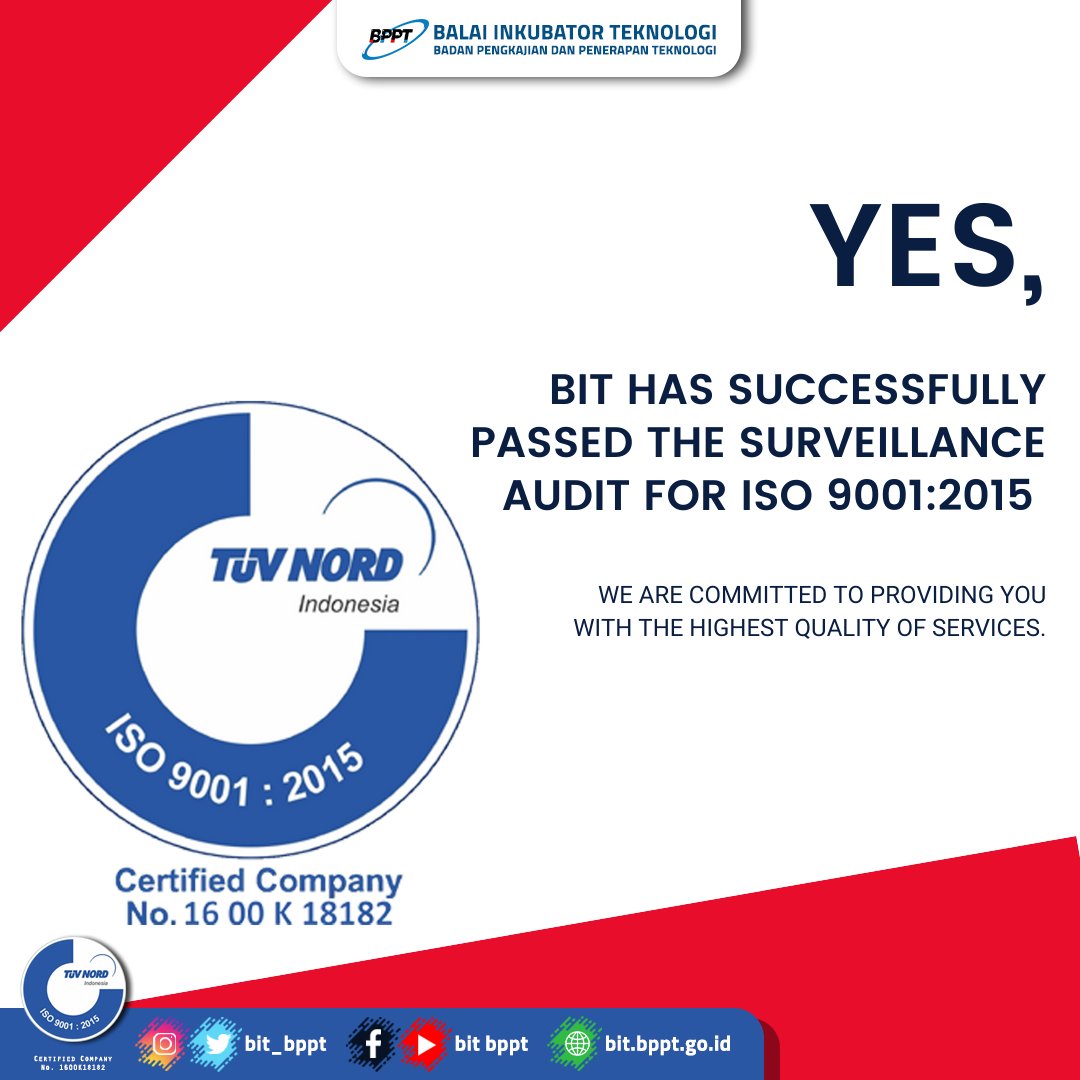 bit_bppt's tweet photo. Hai Technoprenur!
#InkuMin mau kasih tau berita bahagia nih~
BIT lulus audit surveillance ISO 9001:2015 - Sistem Manajemen Mutu pada 14 Januari 2021. Woohoo! https://t.co/pwjMa0tDbL