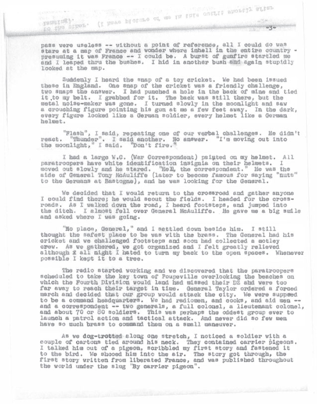 Reuters Correspondent Robert Reuben of Nebraska, jumped with the 101st Division on DDay. In a letter written to Col. Oldfield in 1957, Reuben describes his drop on DDay (see photos for letter)./6