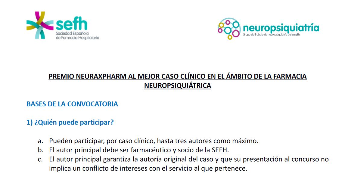 S.E.F.H (@sefh_) on Twitter photo El 24 y 25 feb se celebrará la III Jornada sobre Controversias en Farmacia Neuropsiquiátrica <a href="/neuropsiquiSEFH/">Grupo Farmacia Neuropsiquiátrica SEFH</a>
📢🏆Envía tu caso clínico (antes del 24 enero) y participa en el Premio al Mejor Caso Clínico en el ámbito de Farmacia Neuropsiquiátrica
Bases: sefh.es/fichadjuntos/I… El 24 y 25 feb se celebrará la III Jornada sobre Controversias en Farmacia Neuropsiquiátrica <a href="/neuropsiquiSEFH/">Grupo Farmacia Neuropsiquiátrica SEFH</a>
📢🏆Envía tu caso clínico (antes del 24 enero) y participa en el Premio al Mejor Caso Clínico en el ámbito de Farmacia Neuropsiquiátrica
Bases: sefh.es/fichadjuntos/I…