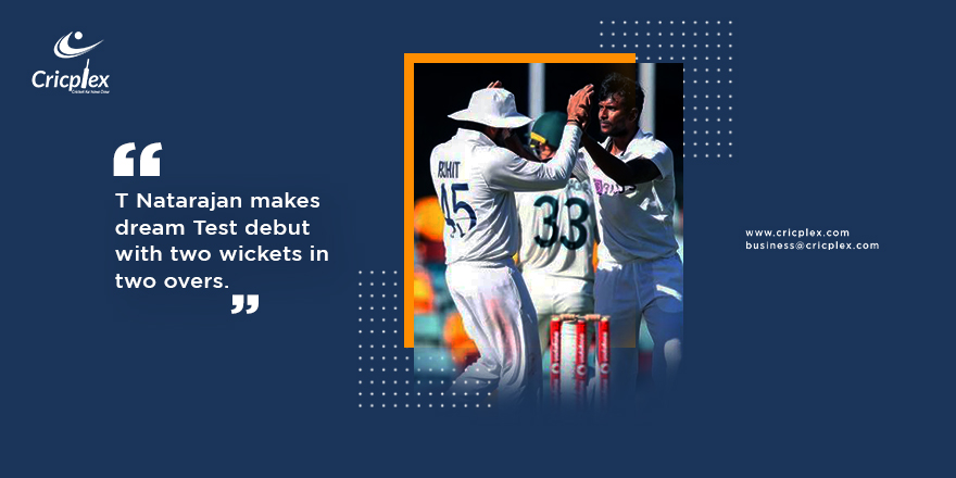 cricplex's tweet photo. T Natarajan makes dream Test debut with two wickets in two overs.
#Cricketkanayadaur #Cricplexlive #CricPlex #IPL2020 #AUSvIND #cricket #LoveCricket @Natarajan_91 @BCCI #Natarajan https://t.co/9Eel61HDou