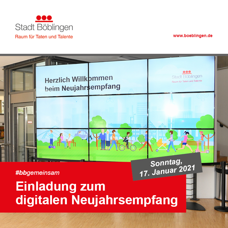 Einladung zum #Neujahrsempfang 2021 der #Stadtverwaltung #Böblingen - digital

Am Sonntag, 17. Januar 2021, um 17.00 Uhr auf dem städtischen Facebook-Profil „stadtbb“ oder bei YouTube unter youtu.be/ru2V9IDJE9s

#stadtbb #stadtböblingen #dagersheim #neujahrsempfang 2021
