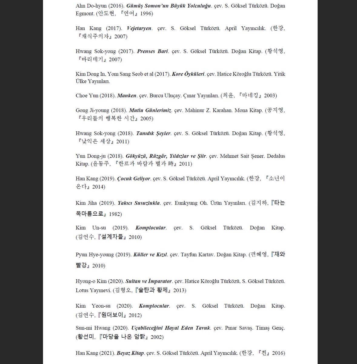 "Türkçeye Çevrilmiş Güney Kore Edebiyatı Eserleri" listesini güncelledim.
