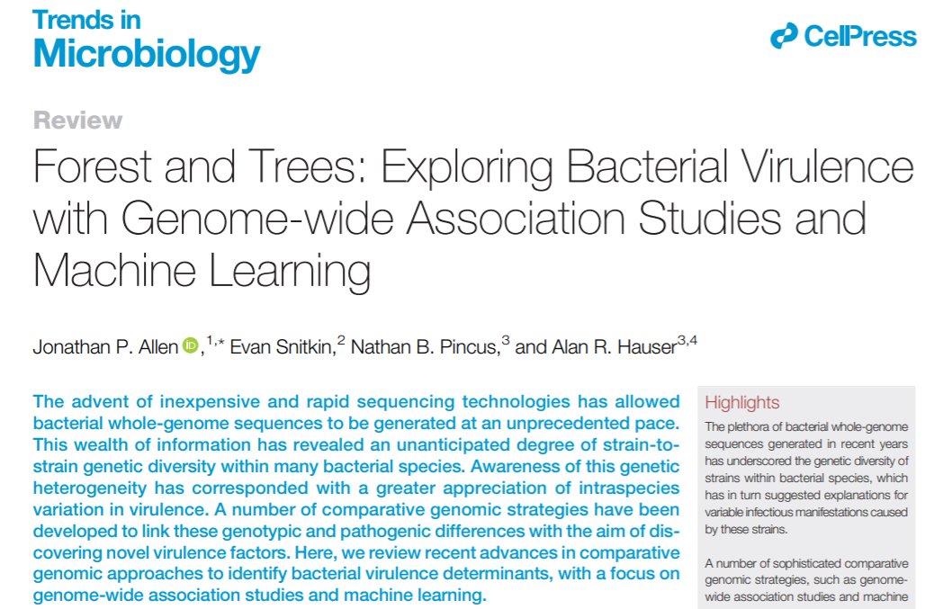 Now online - Jonathan Allen (<a href="/jallen_lab/">Jon Allen</a>), Evan Snitkin, Nathan Pincus (<a href="/nathan_pincus/">Nathan Pincus</a>) and Alan Hauser (<a href="/AlanRHauser1/">Alan R. Hauser</a>) review the role of genome-wide association studies and machine learning on identifying bacterial virulence determinants.
<a href="/NUFeinbergMed/">Northwestern Feinberg School of Medicine</a>

cell.com/trends/microbi…