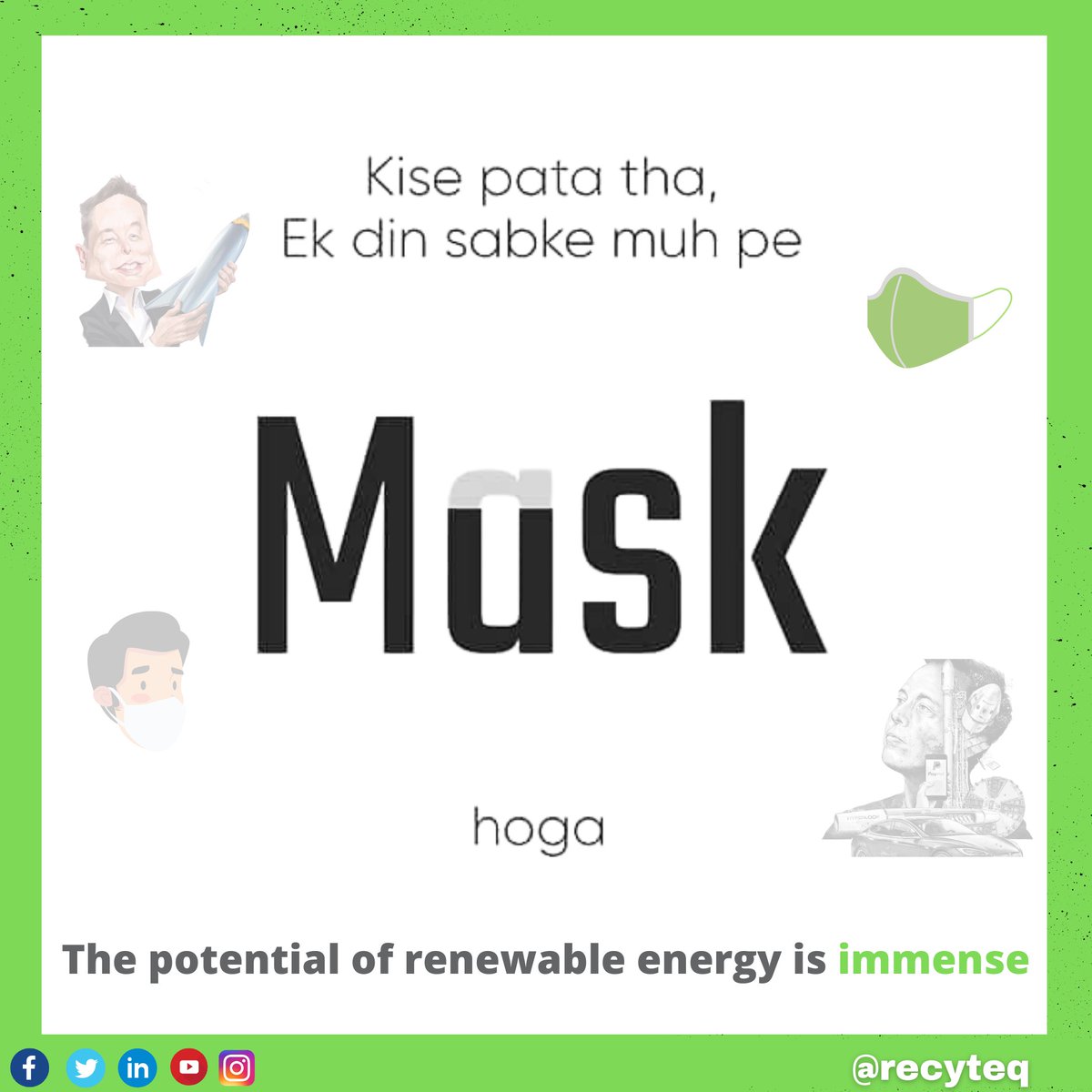 recyteq's tweet photo. To stay safe in the fight against COVID-19, wear a mask

Follow Recyteq 

#india #COVID #COVID19 #vaccine #rich #elonmusk
#billionaire #tesla #teslaindia #world #Forbes #staysafe #Recycle #renawableenergy #retrash #recyteq #marketing #renawableenergy #musk #elon @recyteq https://t.co/NMSVNzfnm6