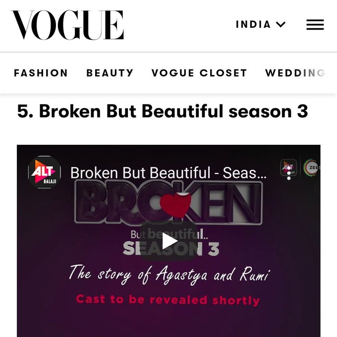 madam360's tweet photo. #BrokenButBeautiful3 ranks 5th in VOGUE India's list of 21 shows to watch in 2021 😍😍

#Agastya #SidharthShukla #SidHearts #SidNaazians #BrokenButBeautifulSeason3 #BrokenButBeautiful #altbalaji #EktaKapoor https://t.co/JaEb3r6GPA