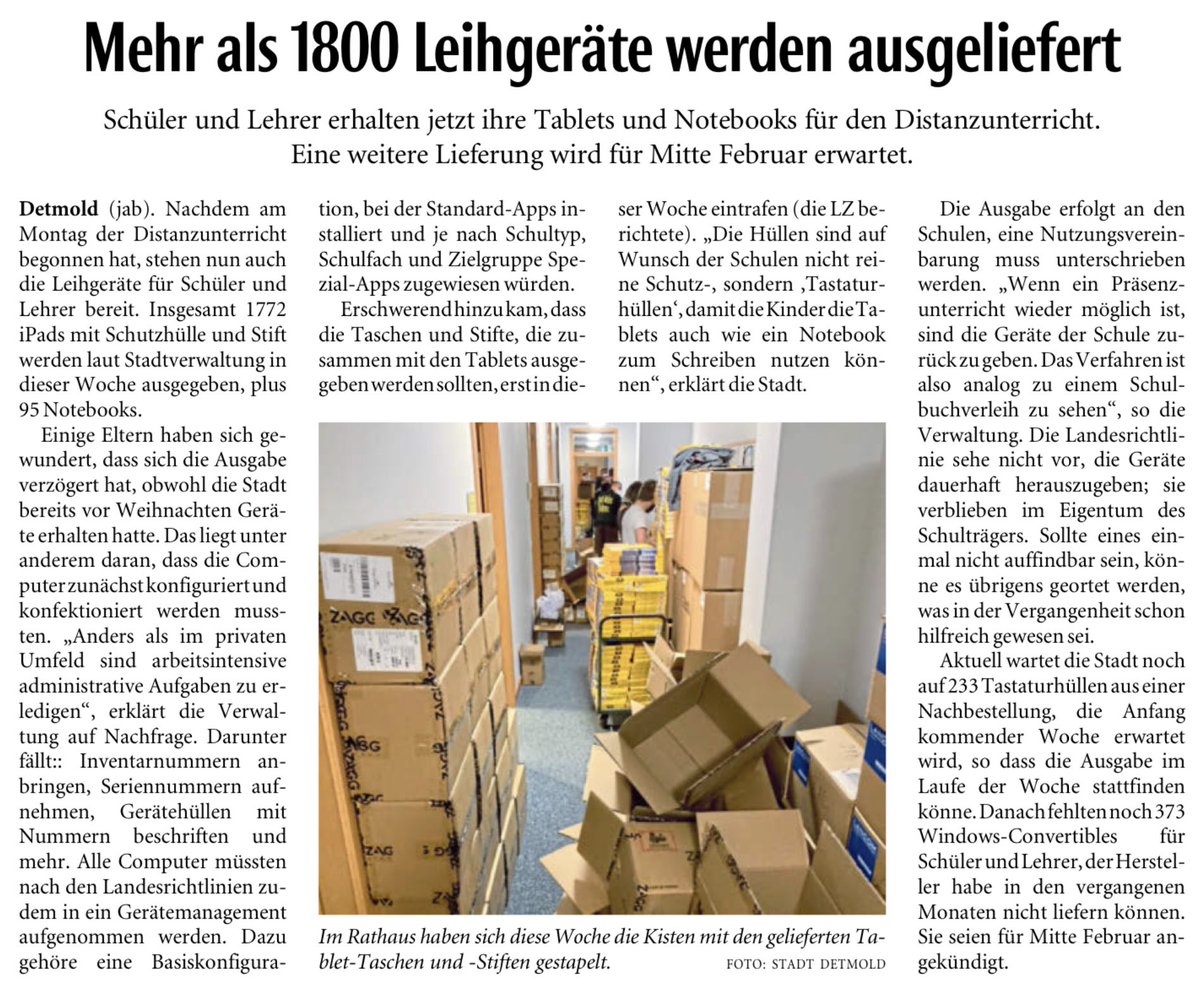 MowitzKa's tweet photo. Los geht‘s! Gestern sind die ersten Tablets bei uns in der GS angekommen. Zwei Klassensätze plus Geräte, die die LuL auch mal mitnehmen können. Der ersten Konferenz-VK am Montag steht nix mehr im Weg, denke ich!
#Lipperdigital #TwitterLehrerzimmer

Quelle: heutige LZ https://t.co/Uv6hbmxmrX