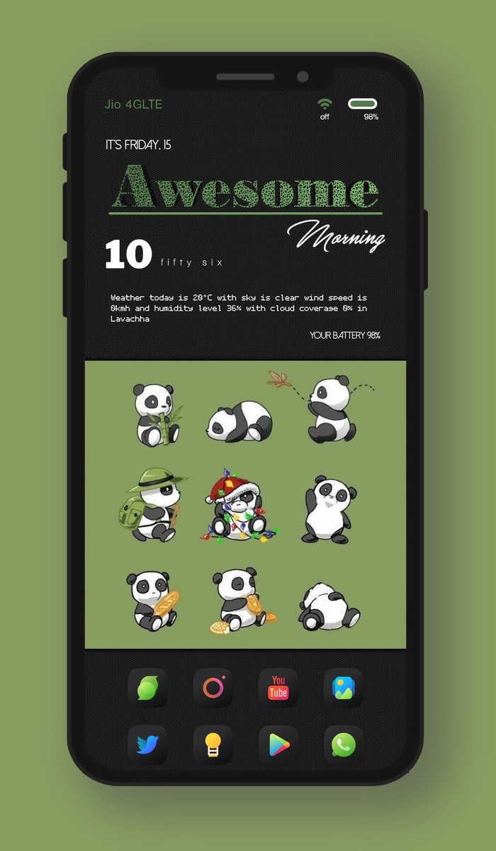 MrMorniingstar's tweet photo. Widgets~#neuon #tapon @LOKESHCHAUHAN78
Icon~#AthenaDark @One4Studio
Templates~@pashapuma1 @design_ironic
#mentors @Seamoon757 @TanishaM_3 @iammrbhaskar ๐
#panda #minimal #screen https://t.co/zx5QnuWJvy