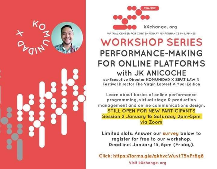 VISIT our website and ANSWER this survey to get link to a FREE WORKSHOP on online performance programming, virtual stage &amp; production management and online communications design. 

Deadline to answer survey: January 15, 8PM (Friday)

Feedback Form: forms.gle/qkhvcWuvtT5vPr…