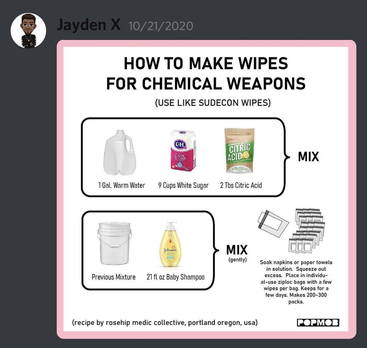 Sullivan posted in his discord server “How to make wipes for chemical weapons”