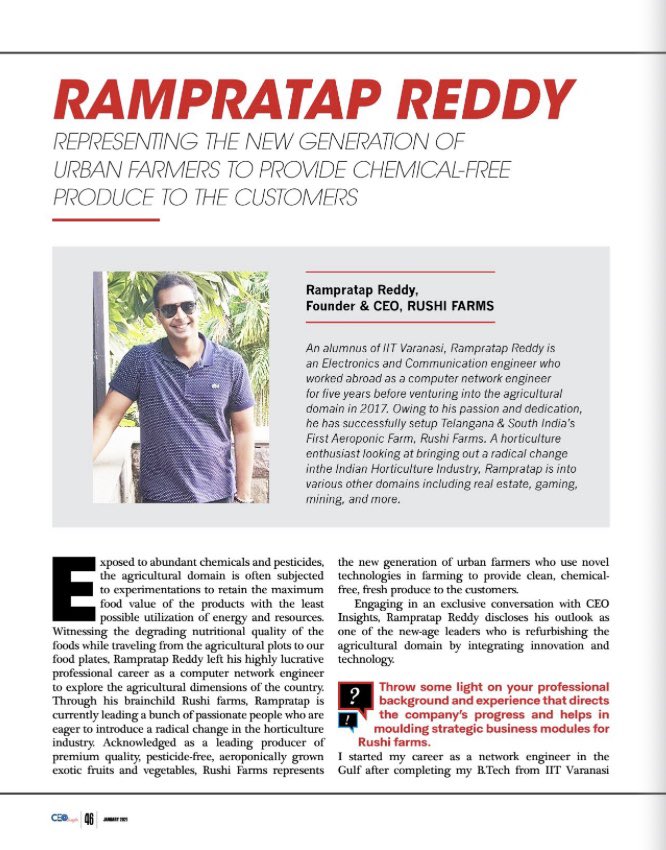 FarmsRushi's tweet photo. Happy to be featured on “CEO Insights Magazine” among “Top 10 Leaders in Agriculture Industry-2021” https://t.co/phpdpLu7oZ