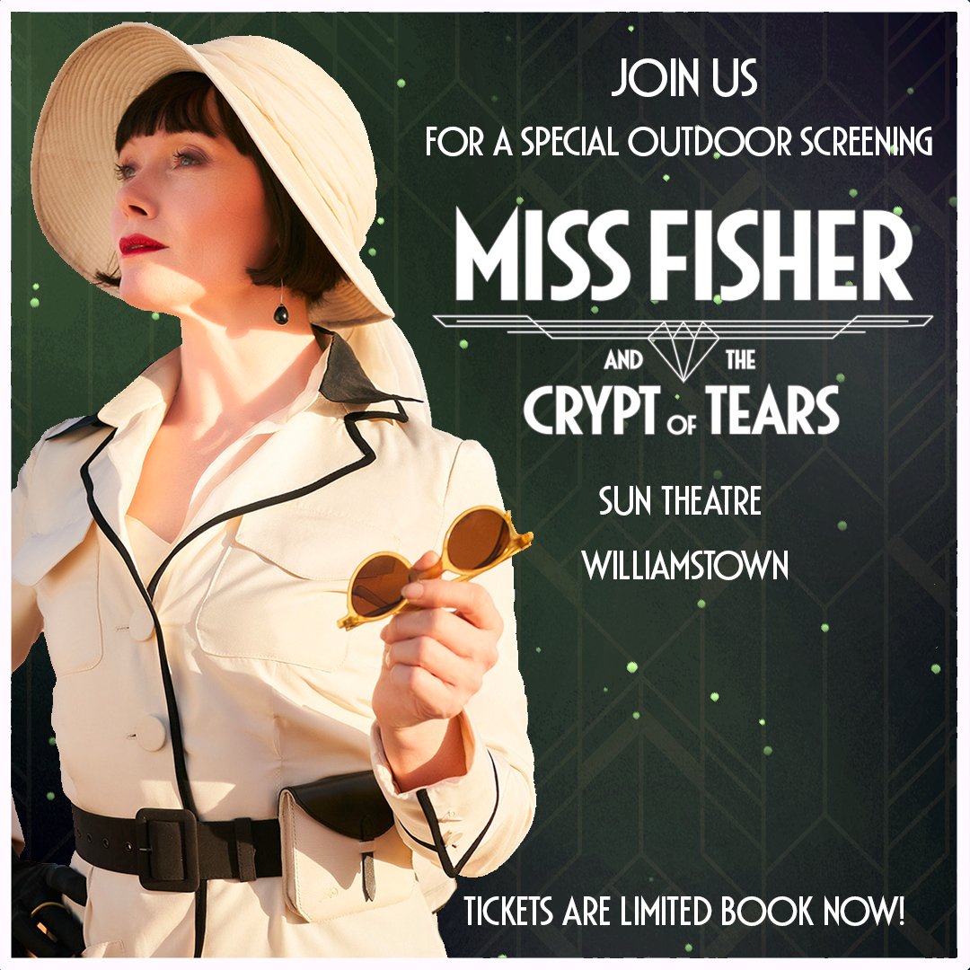Miss Fisher is back on the big screen for one night only at The Sun Theatre Williamstown! Book your tickets now to this SPECIAL OUTDOOR SCREENING and go in to the draw to win passes to the Miss Fisher Exhibition! 🍿 Don’t miss out, tickets are limited. ow.ly/CsCc50D9amt