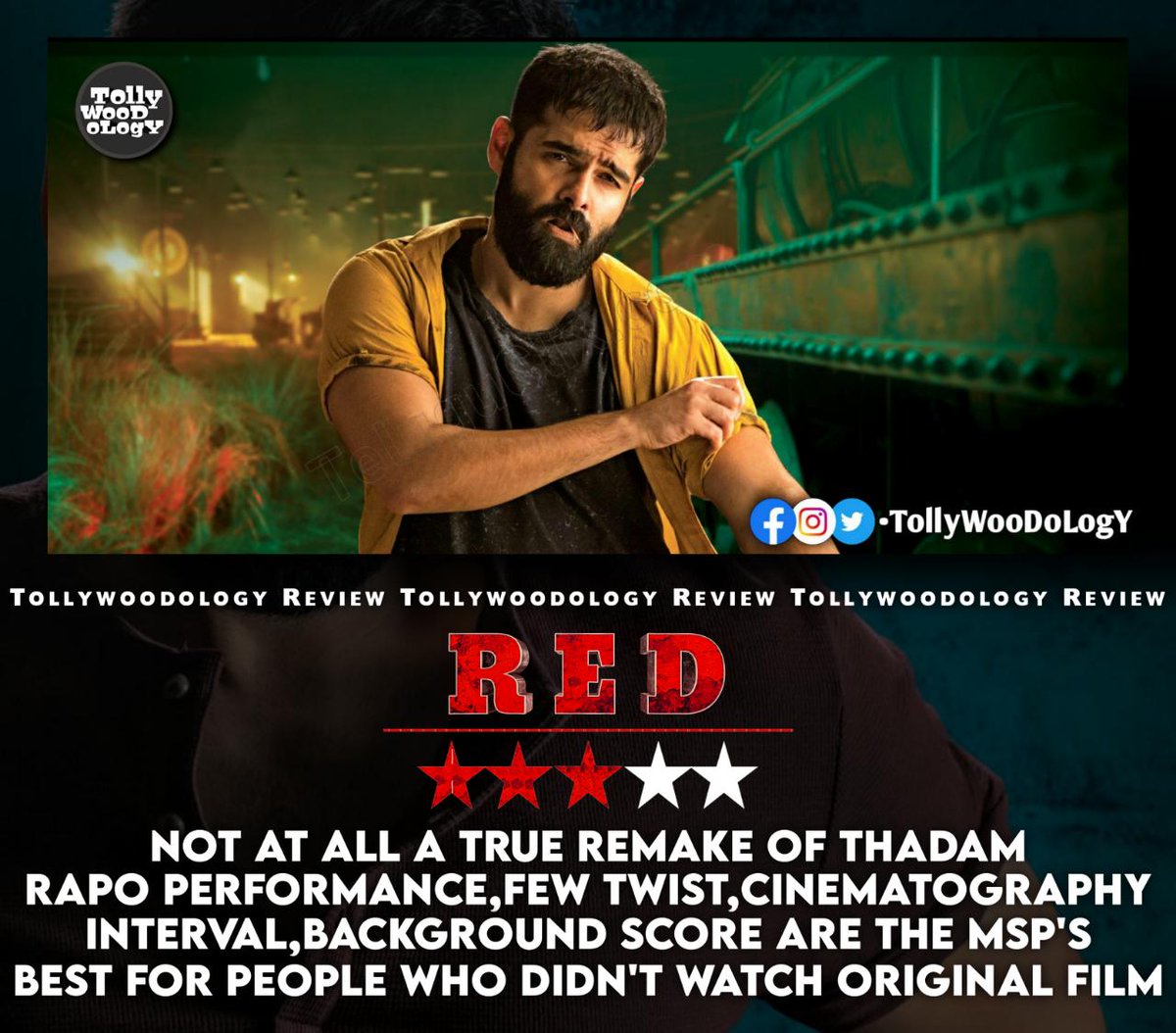 TOLLYWOODOLOGY's tweet photo. #RedTheFilm Review!! ๐ฅ
#RAmPOthineni #MalvikaSharma
#NivethaPethuraj #AmrithaAiyer
#REDreview #RAPO https://t.co/5sbdYbNTpV