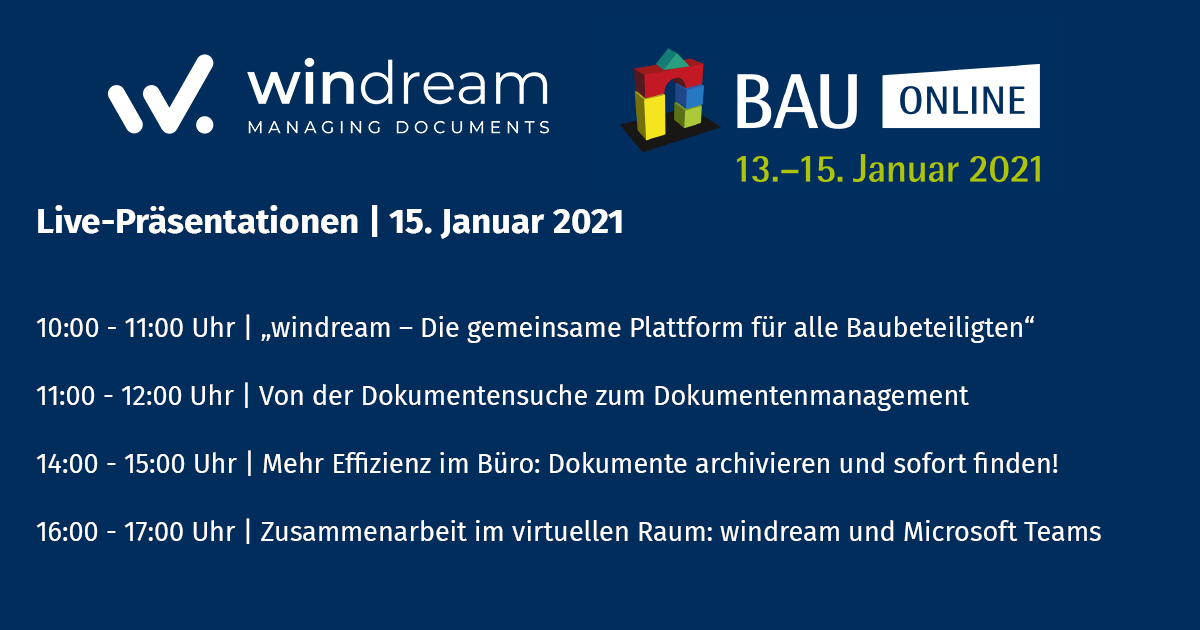 BAU ONLINE 2021 | Unser Vortragsprogramm für Freitag, den 15. Januar
Auf geht's zum Endspurt. Nichts verpassen und noch schnell anmelden:
bit.ly/35tCG6o
#windream #dokumentenmanagement #dms #ecm #digitalisierung #windream7 #digitalebauakte 
#bauwesen #bauonline
