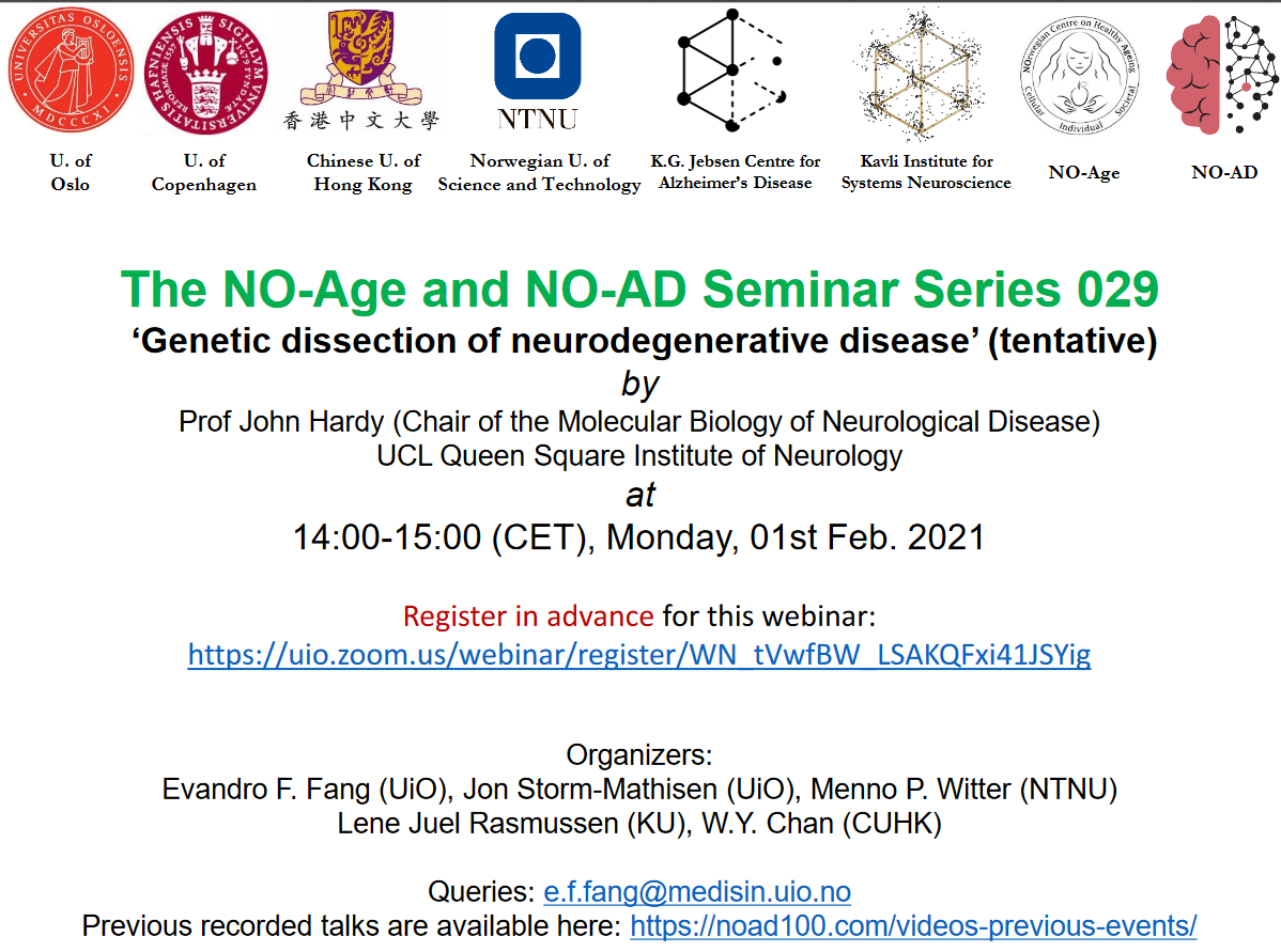 NoAge100's tweet photo. List of all NO-Age and NO-AD talks 2021 is here

For the 1st Feb 2021 (Monday), we will be featuring the AD legend Prof. John Hardy who proposed the Abeta hypothesis and a junior fellow Simon from the Tau leader Prof. Bradley Hyman lab.  All meetings: https://t.co/m8oVRoi5Gm) . https://t.co/2ZeUUfIITI