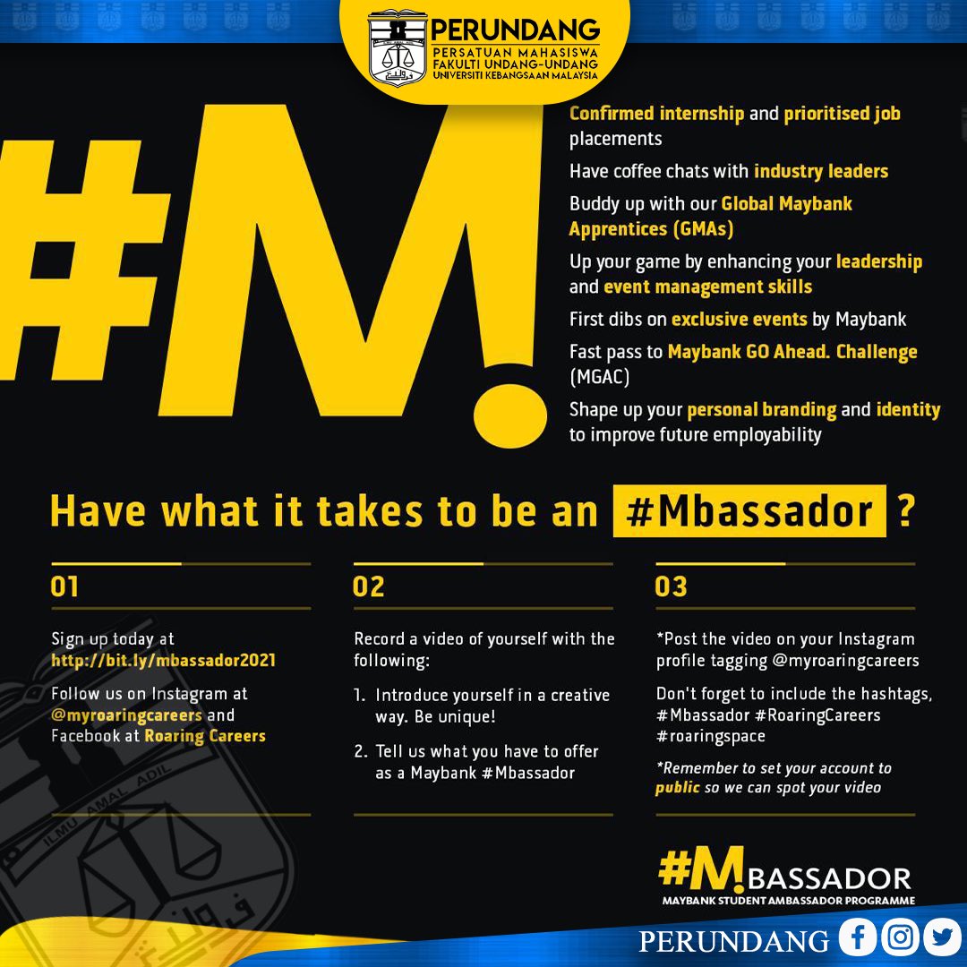 PERUNDANG's tweet photo. The Maybank Student Ambassador Programme (#Mbassador) is back for its 5th rendition since 2017!
In 2021, Maybank will strive to develop selected students and polish skills amongst undergraduates nationwide throughout this year-long student development and mentorship programme. https://t.co/CGNGspdqSV
