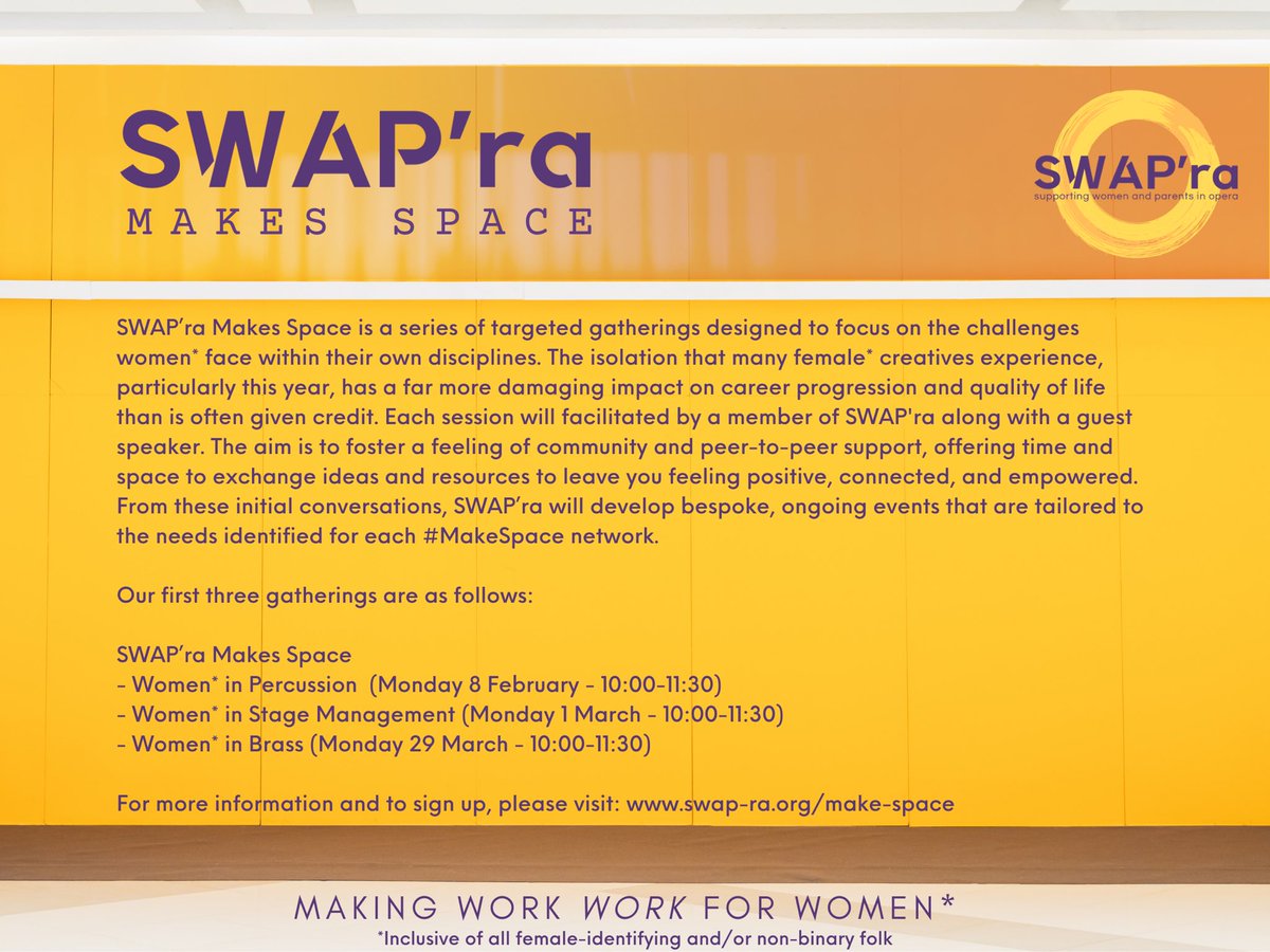 swap_ra's tweet photo. 📣We are delighted to announce our latest project #SWAPraMakesSpace These are targeted gatherings to discuss the challenges women face in their own disciplines within the industry. For more information and to sign up visit https://t.co/QLEtlvozU1 #womeninperformance https://t.co/nrmvW3fkFc