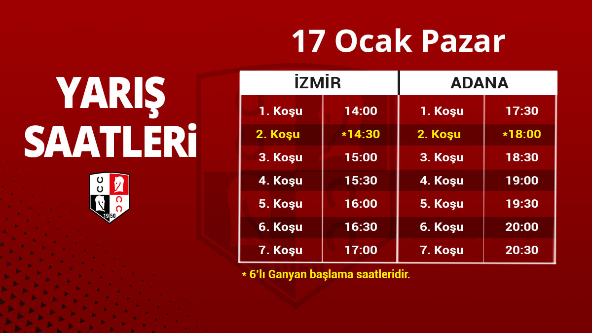 16 Ocak Cumartesi ve 17 Ocak Pazar yarışlarına müşterek bahis kabulü hakkında

tjk.org/TR/YarisSever/…