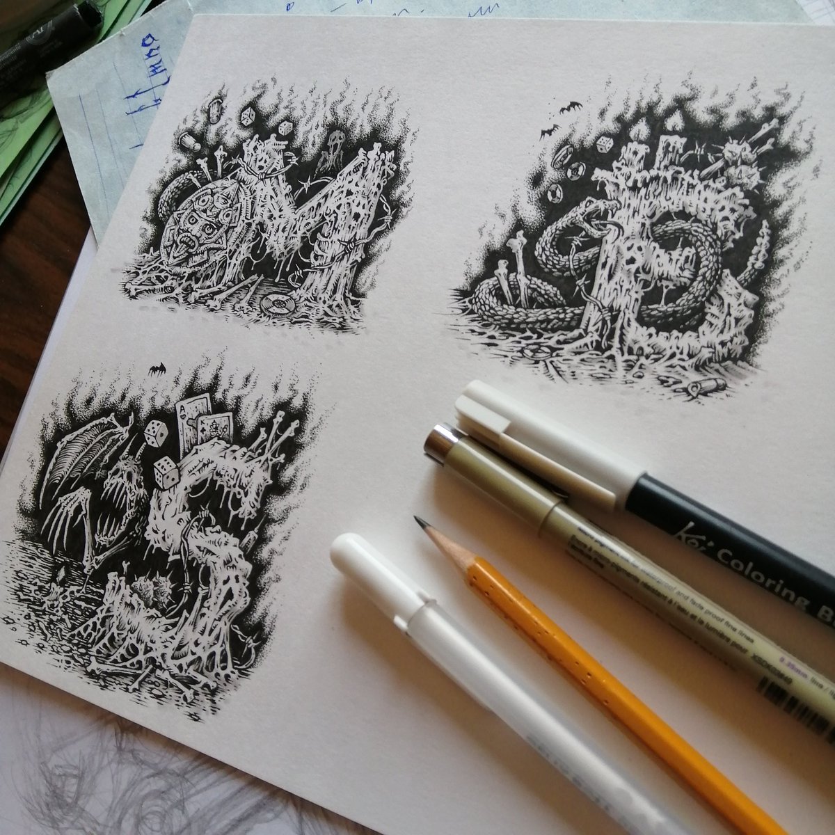 soul_paralyzed's tweet photo. That's what my drop caps look like on real paper with no colour. Maybe, colourless they look prettier. Or, maybe, just different. Maybe, the way I coloured them is not quite right. I cannot tell. But what's done is done.

#ArtistOnTwitter #darkart #dropcap #bookillustrstion https://t.co/6RHsU93X7F