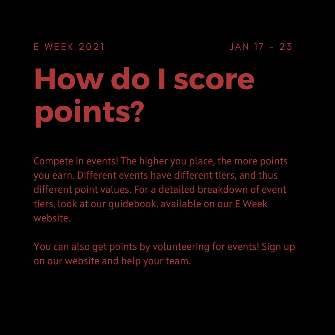 3 days until E-WEEK begins! 🥳🥳🥳
WHO WILL EARN THE TROPHY THIS YEAR?!? 
Find out more at eweek2021.ca

A completely online E WEEK!
Compete in Trivia, Skribblio, Excel, Chess, Smash BrEUS, Jigsaw Puzzles, GeoEUSser, Wiki-racing, Rocket League, Movie Roasts and MORE!!