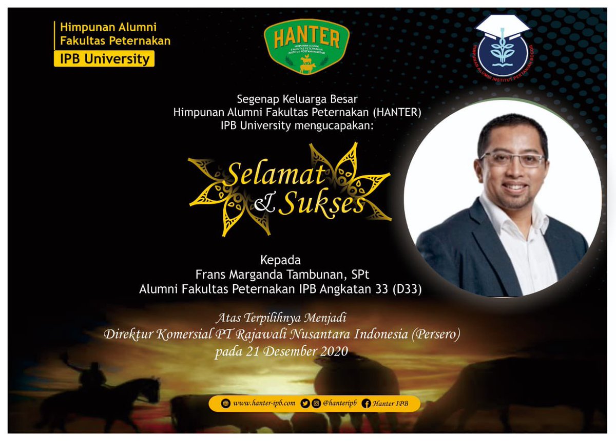 hanteripb's tweet photo. [HANTER GOOD NEWS]

Kami segenap Keluarga Besar Himpunan Alumni Fakultas Peternakan (HANTER) IPB University mengucapkan Selamat dan Sukses atas pencamapaian yang membanggakan kepada Bapak Frans Marganda tambunan, SPt (Alumni Fapet IPB Angkatan 33) https://t.co/d3lzGtQ0ci