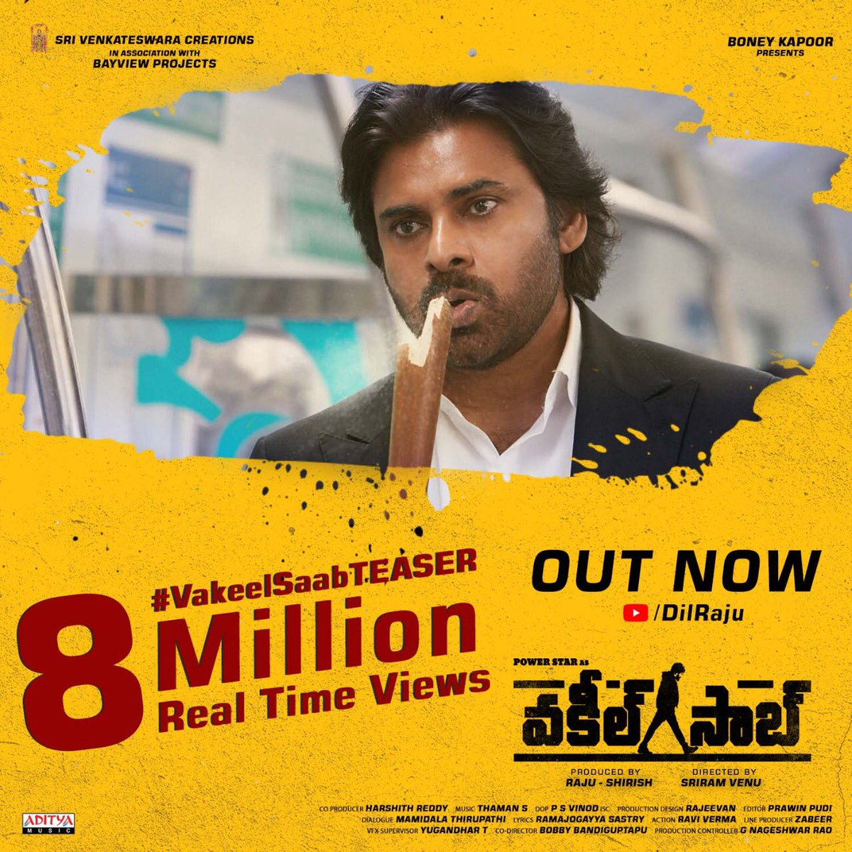 SVC_official's tweet photo. 8 Million+ Realtime Views🔥

Trending at #1 on @YoutubeIndia

Powerstar @PawanKalyan’s #VakeelSaabTeaser Out Now -> https://t.co/3XoTnWjy65

#SriramVenu @shrutihaasan @i_nivethathomas @yoursanjali @AnanyaNagalla @SVC_official @BayViewProjOffl @BoneyKapoor @MusicThaman #VakeelSaab https://t.co/x87xMjykPt